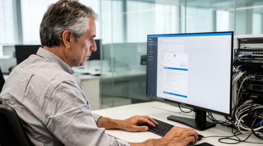 Professionnel IT analysant une interface de sécurité pour transfert de fichiers sécurisé