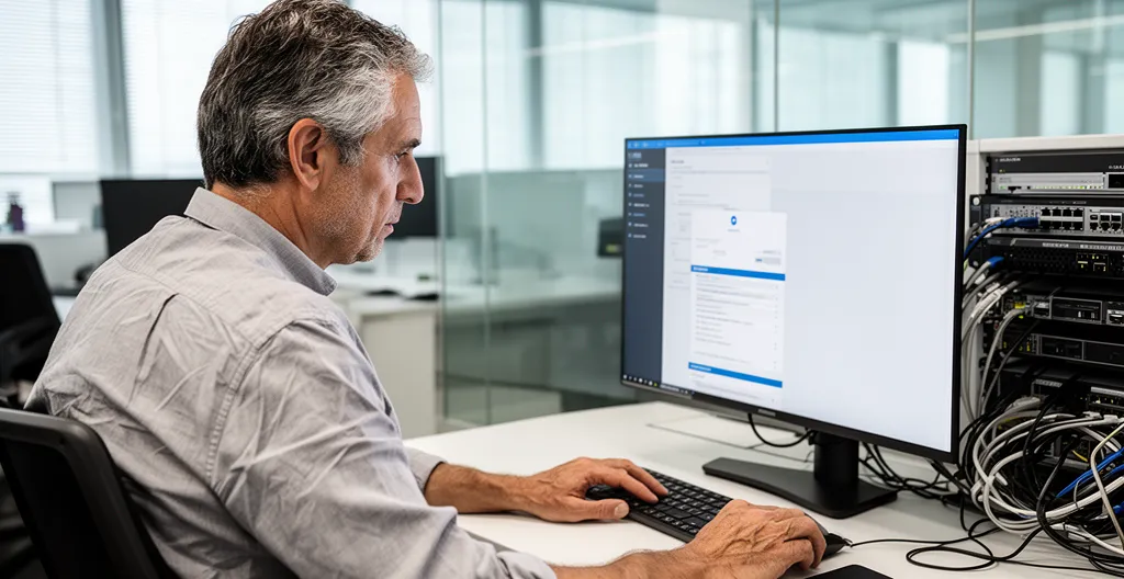 Professionnel IT analysant une interface de sécurité pour transfert de fichiers sécurisé