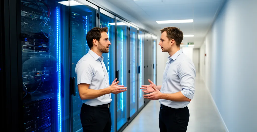 Équipe IT échangeant sur la sécurisation des transferts de fichiers devant salle serveur